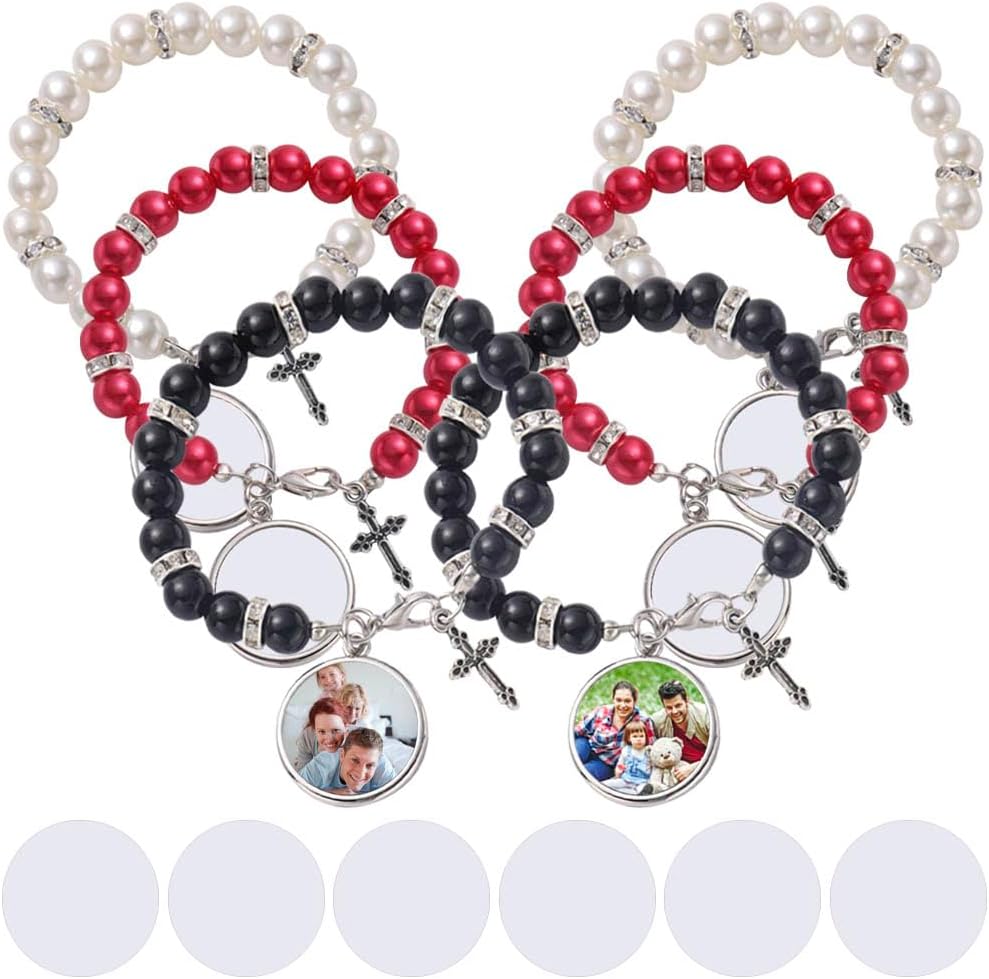 BAOZOON 6 Pcs Sublimation Bracelets Catholic Rosary Blank Heat Transfer Baptism Bracelet Rosary Beads with Cross Sublimation Blank Photo Bracelets for DIY Jewelry Making
