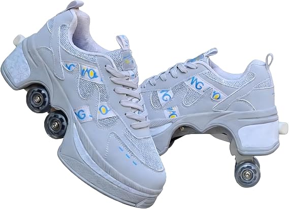 2-in-1 Convertible Quad Roller Skate Shoes | 4-Wheel Pop-Up Sneakers for Unisex Kids Adults | Retractable 2-in-1 Roller Skates for Girls Unisex | Pop-Out Deformation Sneakers