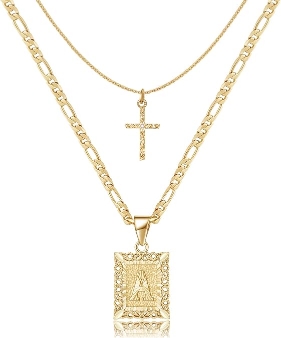 KELORIS PATH Gold Layered Initial Cross Necklace, 14K Gold Plated Layering Square Letter Pendant Figaro Chain Cross Choker from A-Z Capital Jewelry for Women Girls | 14K Gold Plated Square/Hexagon Letter Pendant with Figaro Chain, Stackable Jewelry Gifts, Capital from A to Z
