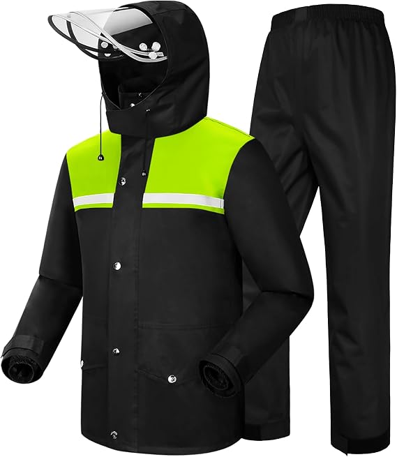 iCreek Rain Suit Waterproof Hi Vis Raincoat Reflective Rain Gear Unisex | Rain Jacket and Pants, Detachable Clear Brim, Waterproof Zip, Breathable Mesh Lined, Anti-storm, Work, Hiking, Riding