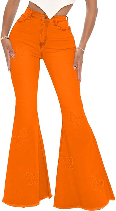 Bell Bottom Jeans for Women Butterfly Vintage High Waisted Skinny Flared Jeans Wide Leg Raw Hem Denim Pants,Orange 2576_X-Large