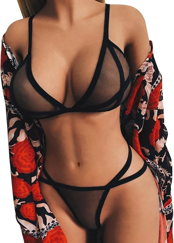Sexy Lingerie Lingerie Set Mesh Sheer Transparent 2 Piece Bra and Panty See Through Slutty Hollow Criss Cross Boudoir Outfits