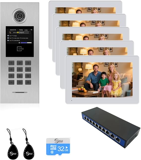 Video Intercom System 5/6/7/8 Unit Wired 7 Inch IP Video Intercom Phone for Apartment Building Security Home Access Control System with Digital Keypad and IC Card (for 5 Family)