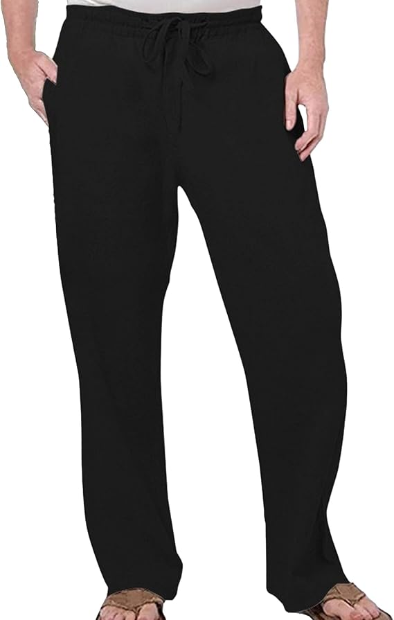 Men's Elatic Waist Baggy Summer Pants Solid Casual Linen Beach Trouser Drawstring Straight Leg Pants