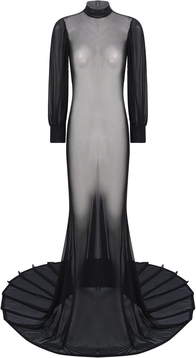 Womens See Through Sheer Mesh Long Dress Adult Sexy Black Dresses Beach Cover Ups Nightwear