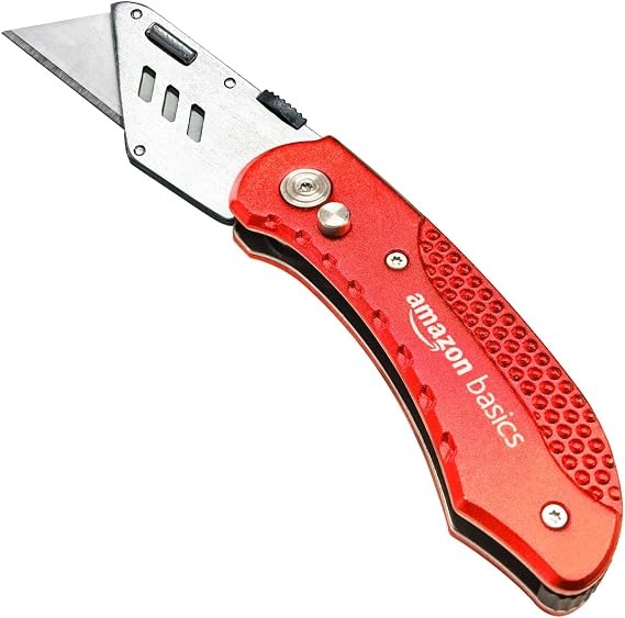 Amazon Basics Folding Utility Knife Box Cutter with Back-lock Mechanism, Portable Lightweight Aluminum Handle, Red