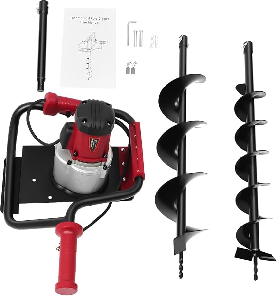 Electric Post Hole Digger, 1500W Earth Auger Dig Hole Fence Post Hole Digging Tools with 2 Drill Bits 5.91/3.94In & Extension Rod, 1.6Hp 3/4 Post-Hole Digger for Digging Fence Tree Planting Etc