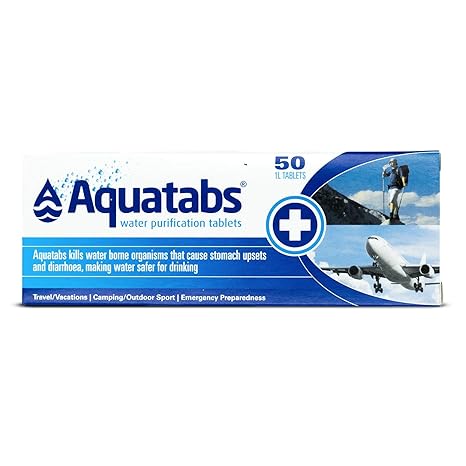 Aquatabs Water Purification Tablets - Emergency Water Treatment System - Portable Water Filter for Camping, Travelling, Home Use (3.5mg, 1 Pack of 50 Tablets)