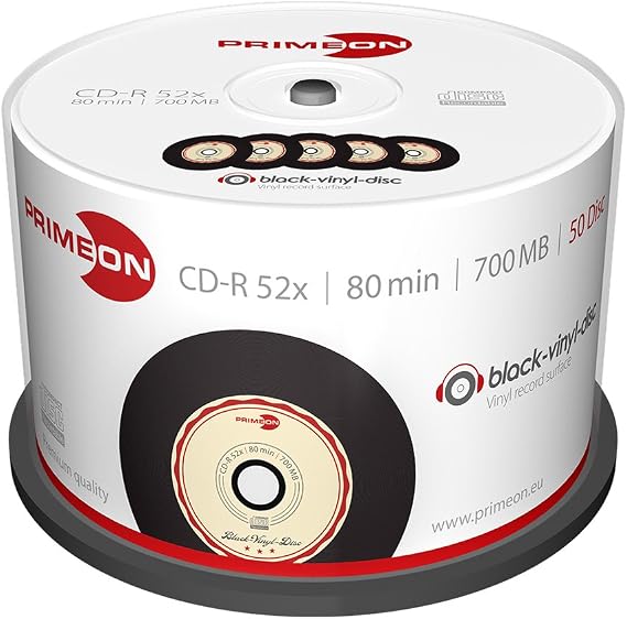 PRIMEON CD-R 80Min/700MB/52x Cakebox (50 Disc) 2761108 ((50 Disc) black-vinyl-disc Surface)