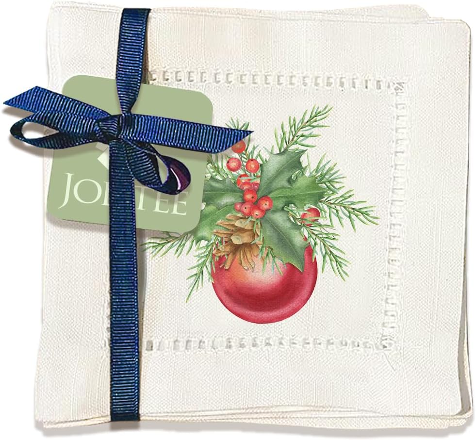 Jolitee Decorative Hemstitch Cocktail Napkins, 6"x6" Washable Linen-Like Cloth Napkins, Handmade for Entertaining and Everyday Use (Christmas Ball)