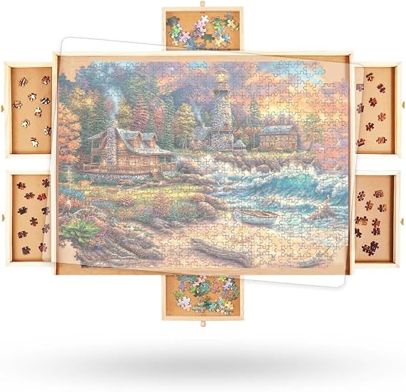 2000 Piece Wooden Jigsaw Puzzle Board 41.5" x 30" with 6 Drawers Rotating