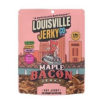 Louisville Jerky Co. Vegan Jerky Plant-Based Maple Bacon Flavor, High Protein Snack, 3 Ounce, 1-Pack Sweet & Smoky Chewy Texture, Gluten-Free