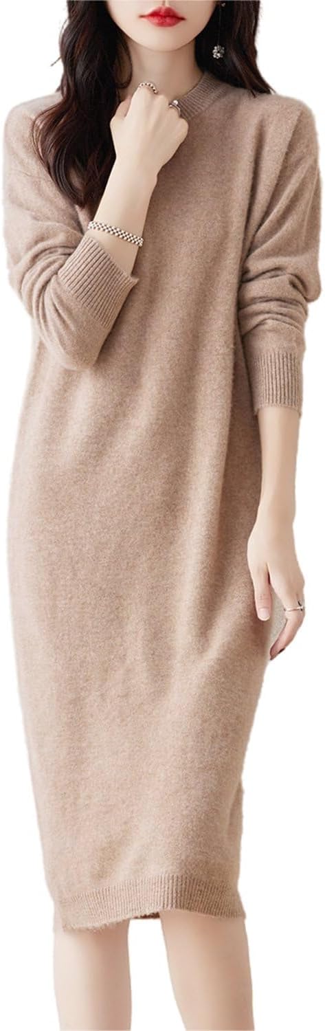 100% Merino Wool Sweater Dress Women's Mid-Length O-Neck Long Sleeve Pullover Crewneck Autumn Winter Knitted Dress