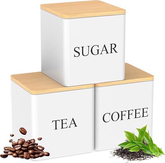 3Pcs Tea Sugar Coffee Canisters with Bamboo Lids, 500ml Vintage Tea Sugar Coffee Container Set, Space Saving Kitchen Canisters(White)