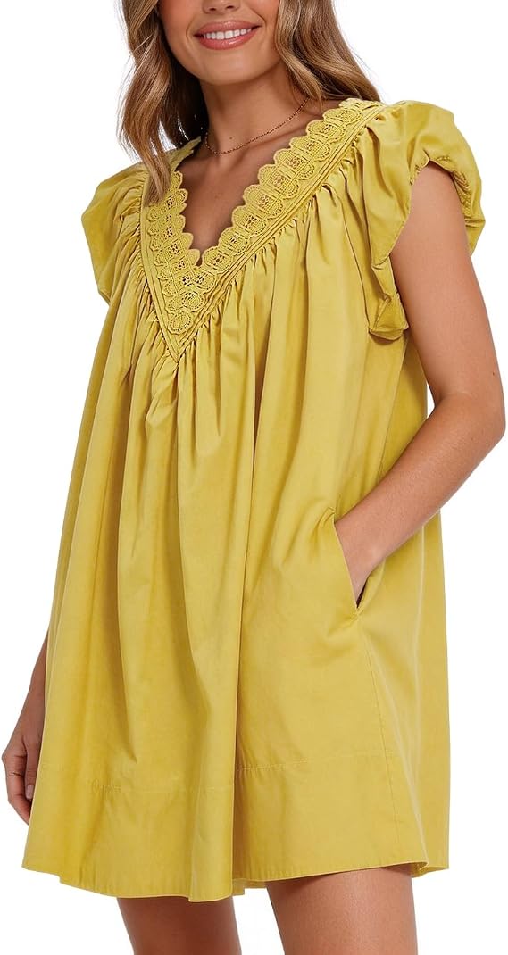 Senllen Cotton Summer Dresses for Women 2026 A Line Puff Short Sleeve V Neck Casual Babydoll Boho Beach Mini Pleated Dress