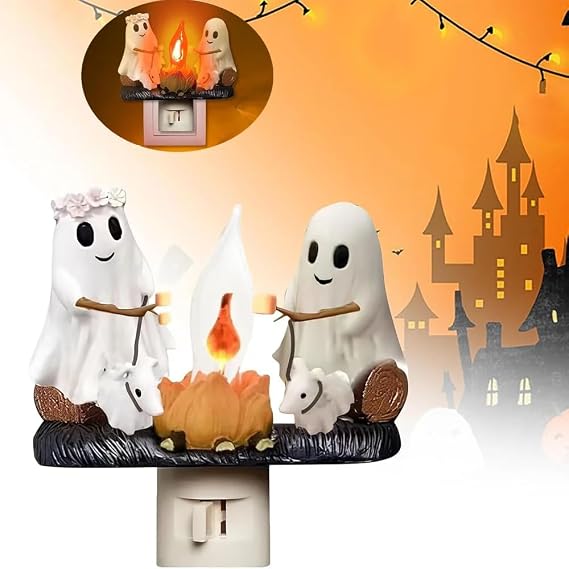 Ghost Campfire Night Light Halloween Ghost Campfire Flickering Nightlight 3D Spooky Fire Marshmallow Night Light Halloween Flameless Candles Funny Halloween Indoor Decorations [Energy Class A]