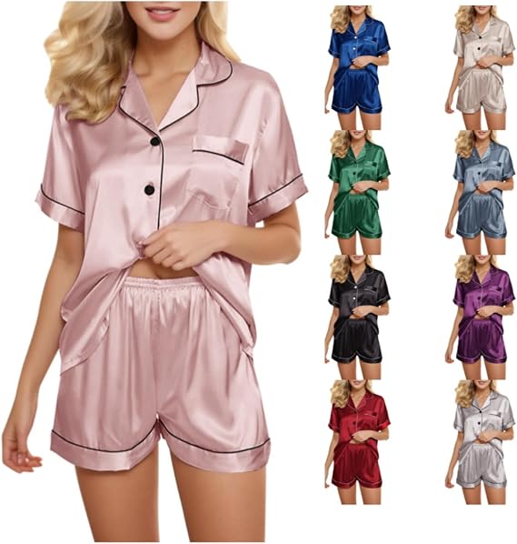 Silk Pajamas for Women 2 Piece Sets Plus Size Short Sleeve Button Down Sleepwear Top and Shorts Homewear Nightwear