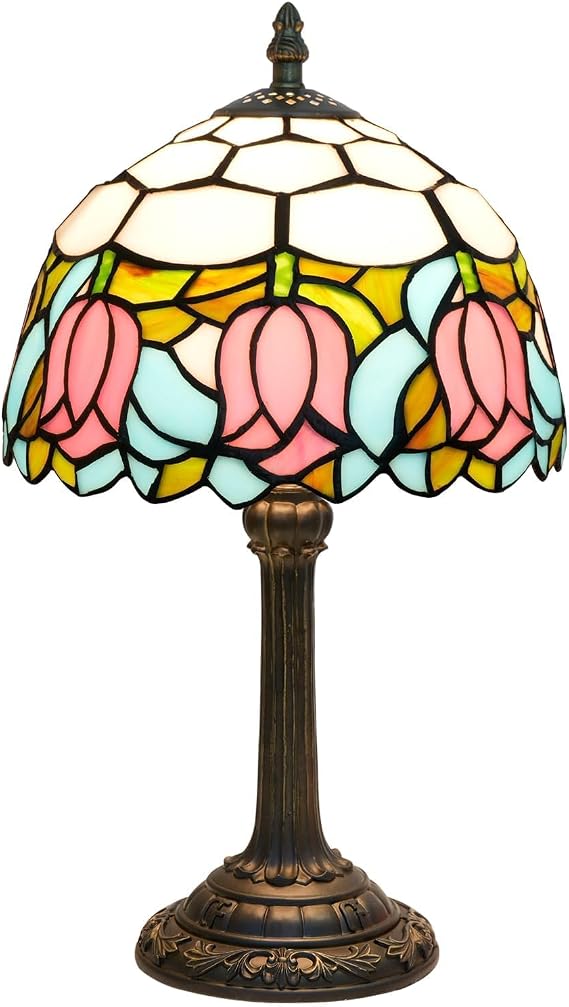 Tiffany Lamp Stained Glass lamp 8X8X14 Inches Small Bedside Table Lamps for Living Room Bedroom Dorm Kitchen Home Decor Festival Birthday Gift,8 inch Pink Tulip [Energy Class F]