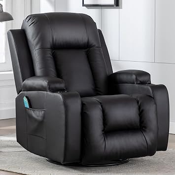 Massage Recliner Chair with Heated, 360 Degree Swivel Rocker Recliner Lounge Chair, Leather Reclining Sofa with Cup Holders for Living Room, Large (Black)