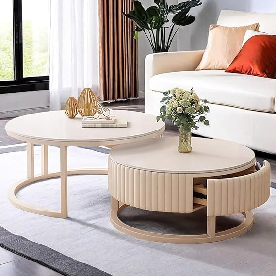 Coffee Table Set of 2 Round Living Room Table Side Table White Sofa Table with Storage Space 50 cm + 70 cm Round Coffee Table for Bedroom Living Room