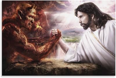 Jesus And The Devil Arm Wrestle Christianity Wall Art Poster Bedroom Prints Home Decor Hanging Picture Canvas Painting Posters 16x24inch40x60cm