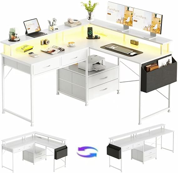 130x120cm L Shaped Desk with Power Outlet &amp; LED Lights, 4 Drawers Reversible Gaming Corner Computer Desks for Workstation, Home Office Desks with Monitor Shelf &amp; Storage Shelves,White