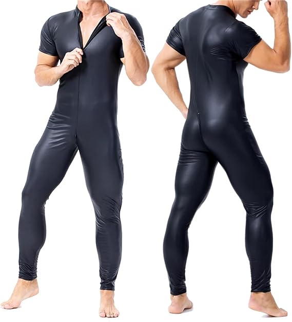 Mens Bodysuit Patent Leather Catsuit Faux Leather Jumpsuit Stage Costume Zipper Leotard Wrestling Singlet Long Trousers