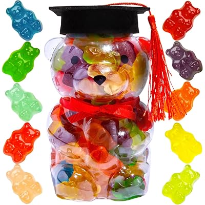 Purple Plum Graduation Gummy Bear Jar filled with Gummy Bears - Candy Gift-Ready Plastic Jar, Stuffed With Sweet Gummies Candy - 1 LB Gummie Candies In Teddy Bear Shaped Container With Graduation Cap and Tassel Stunning Red Bow - Assorted Gummy Candy, Candy Gift For All Occasions. Congrats Graduate Gummy Bears