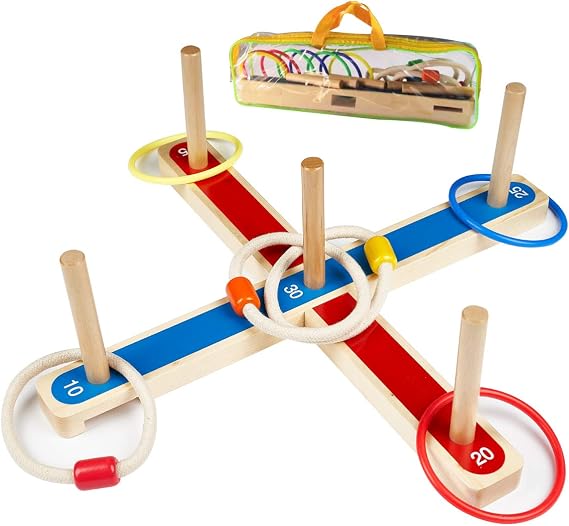Hoopla Ring Toss Game for Kids and Adults, 5 Pcs Wooden Rope Quoits + 8 Pcs Colourful Plastic Rings Throw Kit for Indoor & Outdoor Two Forms Quoits Playing, Bag Packed