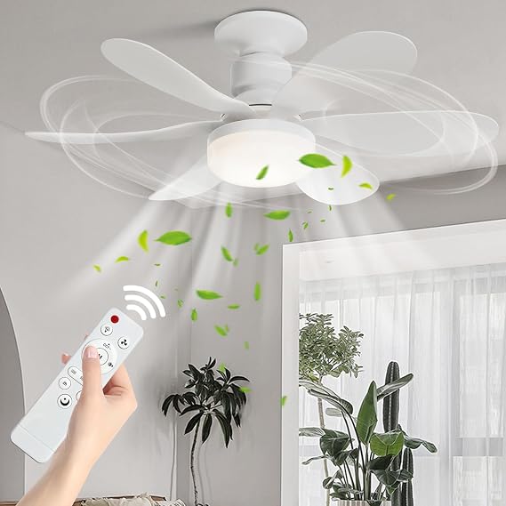 Huaerle Ceiling Fan Light with Remote 16" Screw in Ceiling Fan with Light | 3 Colors & 3 Speeds, E27 LED Bulb Fan for Bedroom, Kitchen, Garage (White)