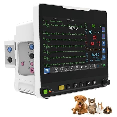 Veterinary Equiment Vet Patient Monitor Multiparameter ICU Machine, ECG, Blood Oxygen, Blood Pressure, Respiratory Rate, Body Temperature, Heart Rate Veterinarmonitor for Dog, Cat and Animal