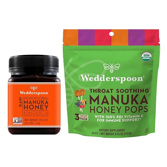 Bundle - Wedderspoon Raw Premium Manuka Honey KFactor 16 (35.2 Oz) and Manuka Honey Lollipops (24 Count)