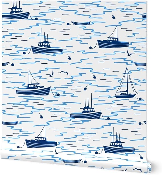 Spoonflower Harbor Boats White Pre-Pasted Removable Wallpaper | Roll 24" x 108" | Extra Large Nautical Coastal Beach House | Water-activated, simple to install and removable