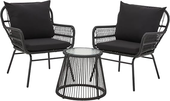 EROMMY 3-Piece Patio Conversation Bistro Set, Outdoor All-Weather Wicker Balcony Furniture with Tempered Glass Top Table & 2 Wide Ergonomic Armchairs, Seat Cushions for Porch Backyard, Black