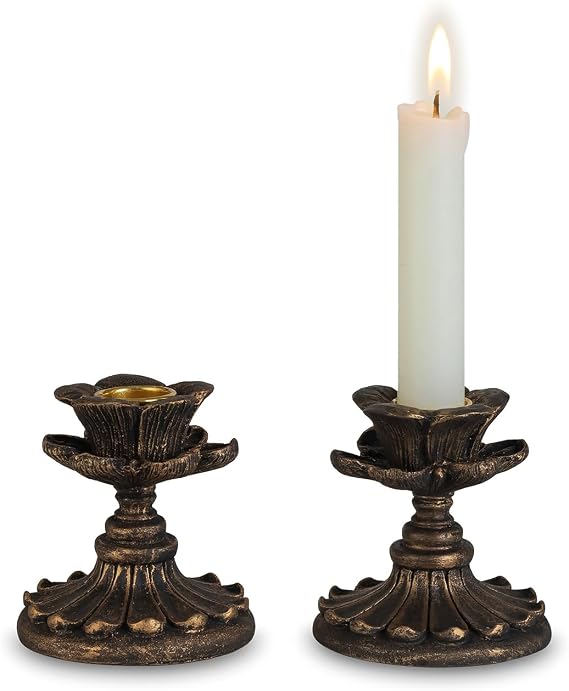 Vintage Candlestick Holders: 2 Pcs Taper Candle Holder | Fits 2.2cm Taper, Lotus Flower Design, Black Bronze Resin, for Wedding, Christams, Table Centrepiece, Fireplace Decor