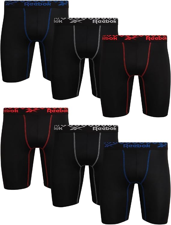 Reebok Mens Boxer Briefs - 6 Pack Tag-Free Comfort Stretch Performance Long Leg 9'' Inseam Boxers Mens Underwear