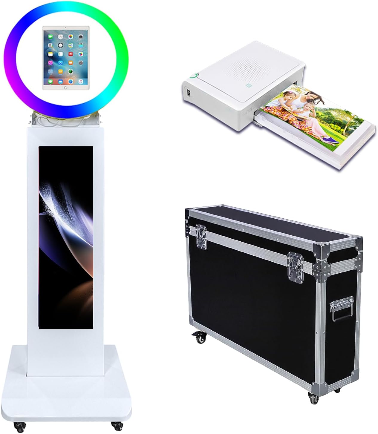 Portable LCD Photo Booth Compatible with iPad 10.2 10.9 11 12.9 Metal Shell Selfie Photobooth Machine with RGB Ring Light LCD Screen Photo Booth MachineMini Printer