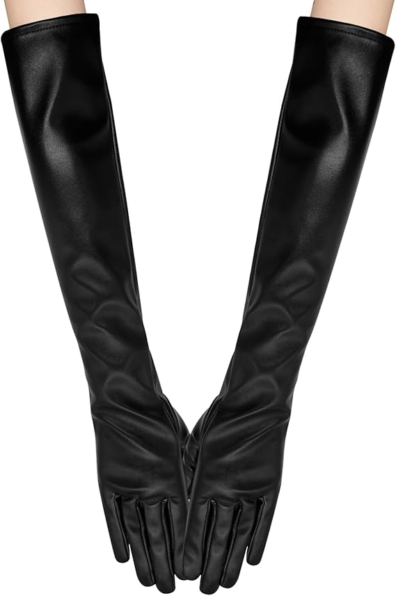 Women Elbow Length Black Leather Gloves Sexy Wet Look Faux Leather Touchscreen Arm Gloves for Halloween Costume