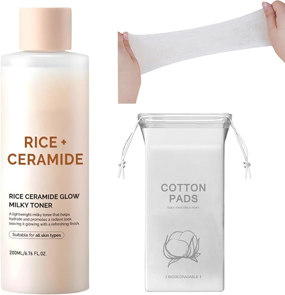 Rice Glow Milky Toner for Face - Hydrating Facial Toner with Ceramide & Niacinamide, Strengthens Skin Barrier (200ml) + 100-Count Fluorescent-Free Stretchable Cotton Pads