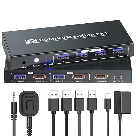 HDMI KVM Switch 1 Monitor 2 Computers, 8K60Hz 4K120Hz USB 3.0 2 Port HDMI KVM Switch for 2 PC Management Via 1 Set of Keyboard Mouse and 1 Monitor