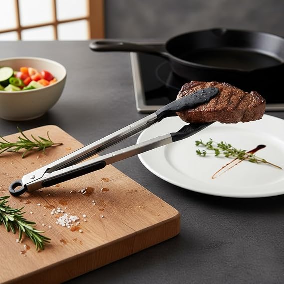 Deconox 38 cm Paslanmaz Çelik Saplı Siyah Silikon Uçlu Salata ve Izgara Maşası - Isıya Dayanıklı Çizmez Kilitli Mutfak Servis Maşası Pişirme ve Sunum Ekipmanı