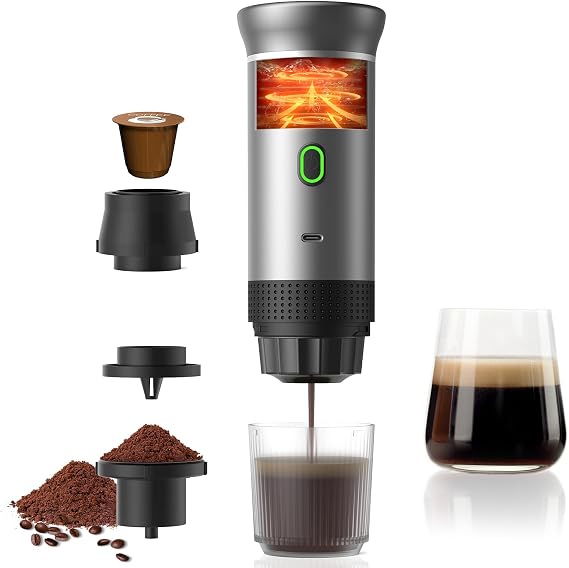 Portable Coffee Maker Espresso Machine, Travel Coffee Maker Self-Heating with USB-C Small Tea Cup, Compatible with Ground Coffee & NS Capsule for RV,Car, Hiking, Camping Office