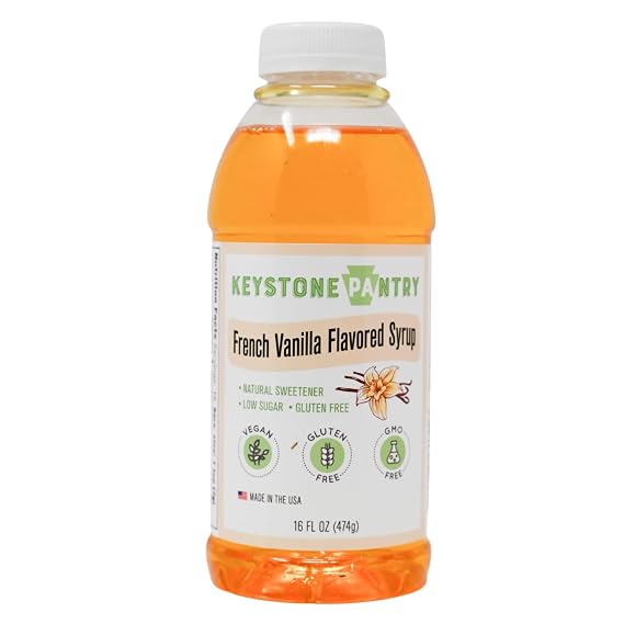 Keystone Pantry French Vanilla Flavored Syrup 1 pint bottle Natural Sweetener, Low Sugar, Gluten Free, Vegan, GMO Free, Kosher parve