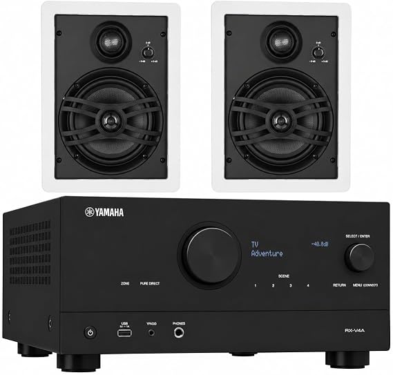 YAMAHA RX-V4A 5.2-Channel AV Receiver with MusicCast with Yamaha NS-IW660 3-Way in-Wall Speaker System for Custom Install, White