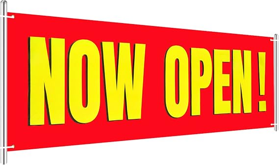 Tatuo Large Now Open Banner Outdoor Indoor Sign,Red Background with Yellow | Polyester Oxford Cloth for Business Shop Lawn Outside Decoration, Hanging Sign with Grommets, 3 x 8 Feet, Weather Resistant