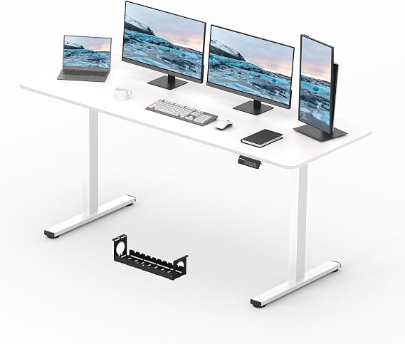 Electric Standing Desk 180x80cm, Height Adjustable Standing Desk with Headphone Hooks, Stand Up Desk Home Office Desk with Memory Function and Child Lock (White Frame+ White Desktop)