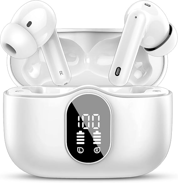 Wireless Earbuds, Bluetooth 5.4 Headphones Bass Stereo/Clear Calls, White