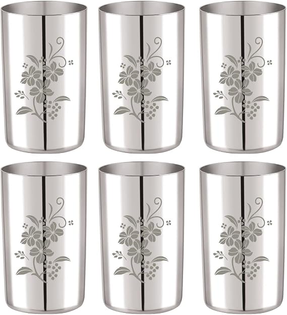 Neelam Stainless Steel 7 22G Lazer Etching Amrapali Glass, 400 ml, Silver, Set of 6