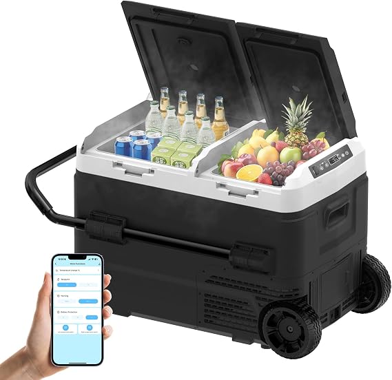 Car Fridge, Dual Zone Dual Temperature Control Fridge Freezer for Car, APP Control,4F-68F, 12/24V DC 100~240V AC, Wheels, Portable Car Refrigerator for Camping, Picnic, Travel (42QT)