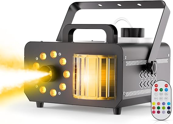 1200W Fog Machine 3000CFM 9 LEDs RGB Derby Effect Smoke Machines with Remote Control 14 Static Colours Car Chasing/Jump/Pulse/Strobe Modes for Halloween Disco DJ Stage Party